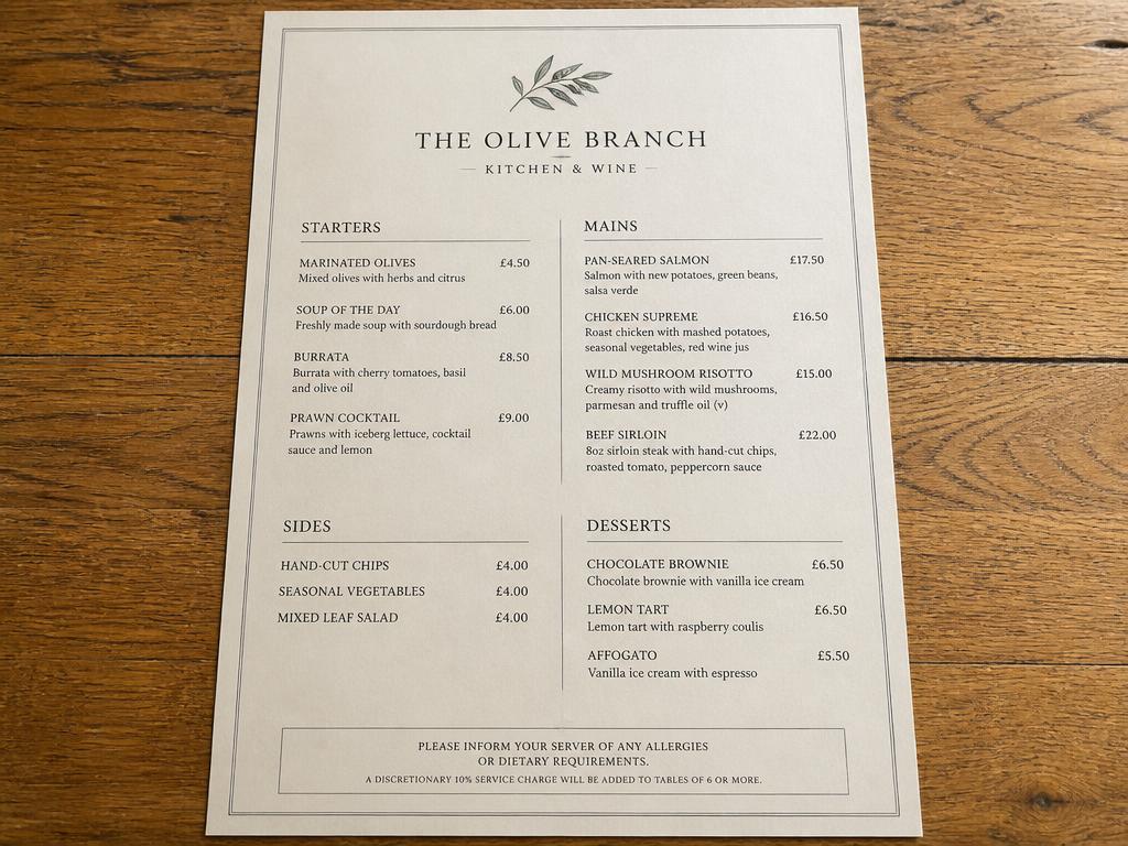 Uploaded photo: a printed restaurant menu card on a wooden table