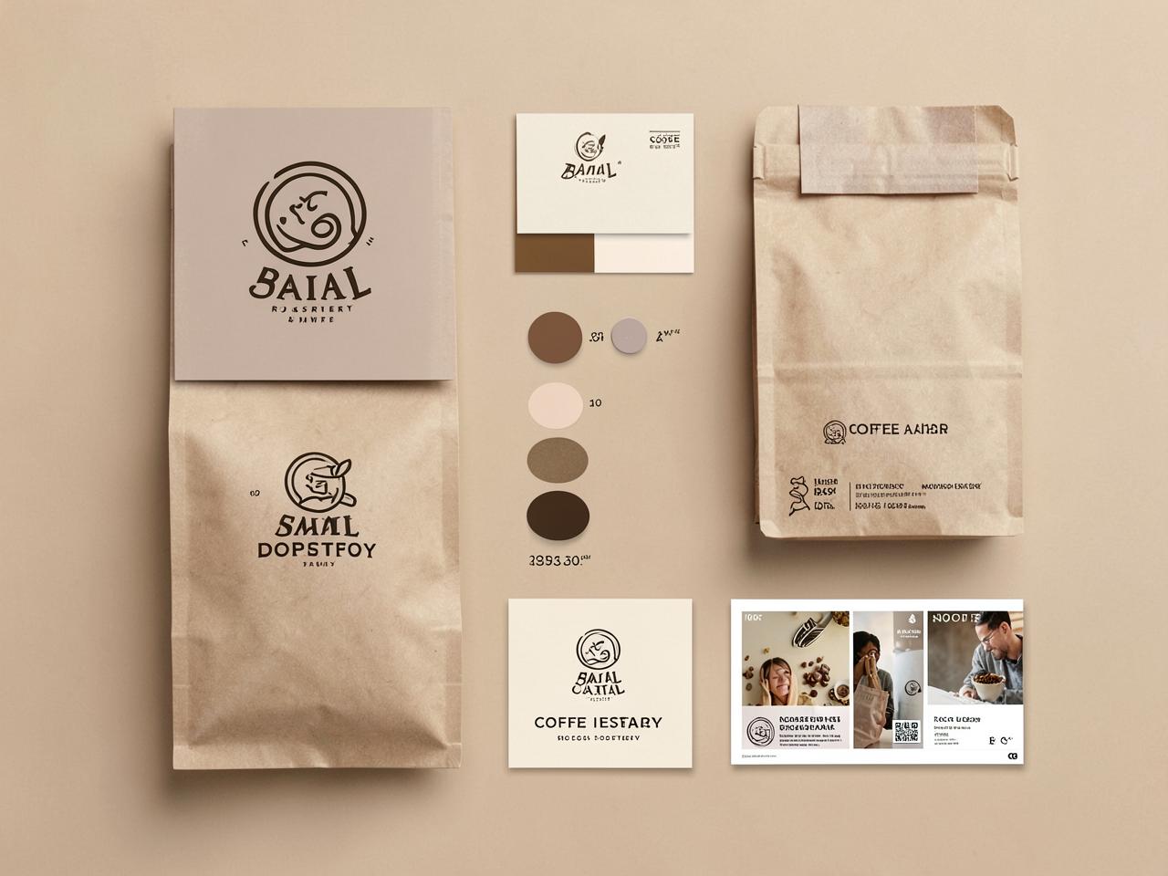 Sample set — a coffee roastery brand kit: mark, palette, card, packaging and social tiles in one style.