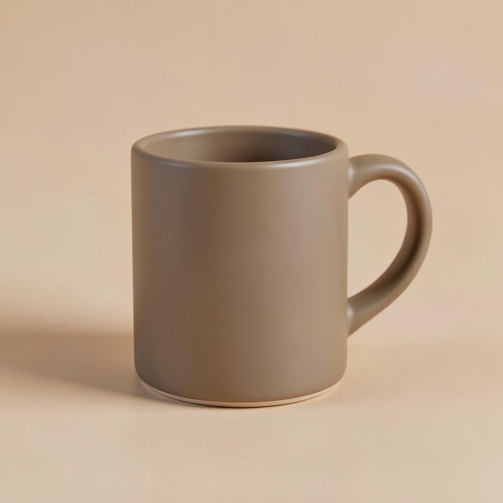 Sample edit — same mug, moved onto a clean beige studio backdrop with soft light and a natural shadow.