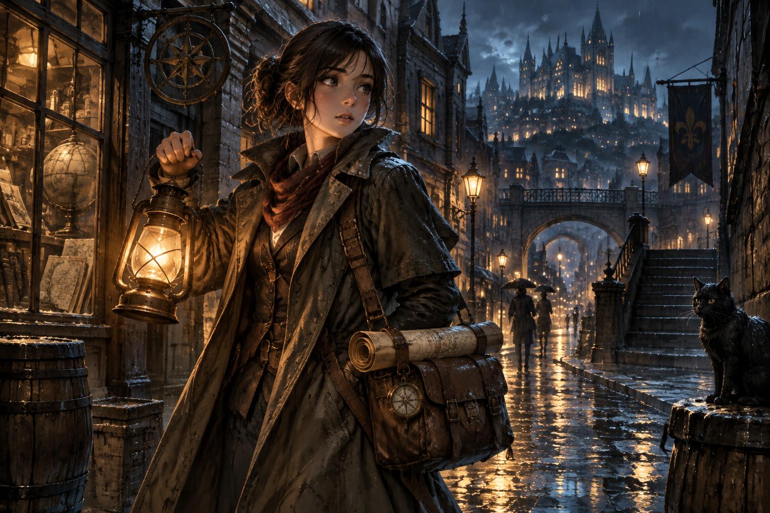 Sample output — a lantern-lit young cartographer in a rain-soaked anime city, refined live from the evolving prompt.