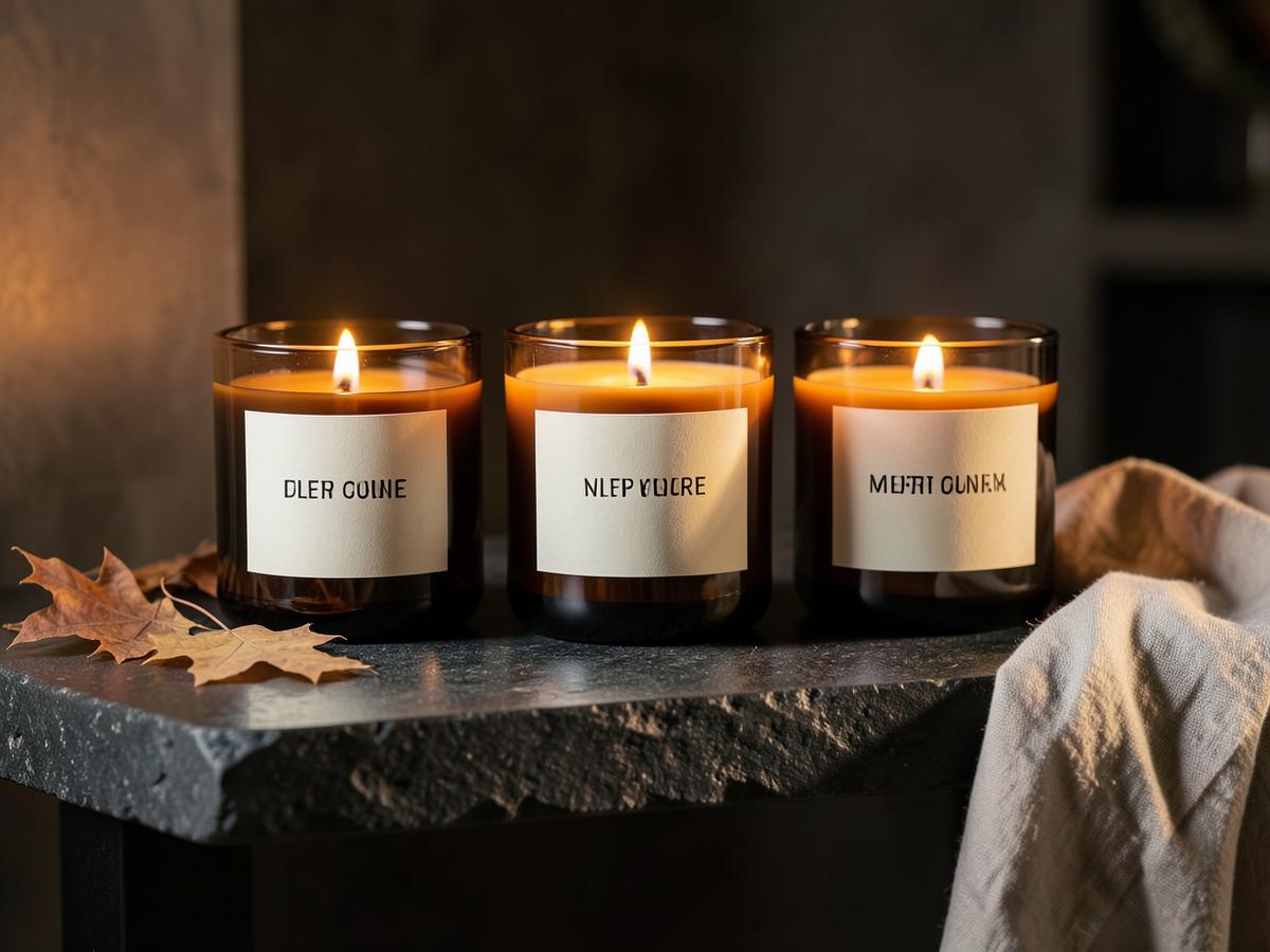 Sample shoot — the same candle range styled as a warm autumn campaign with professional light and props.