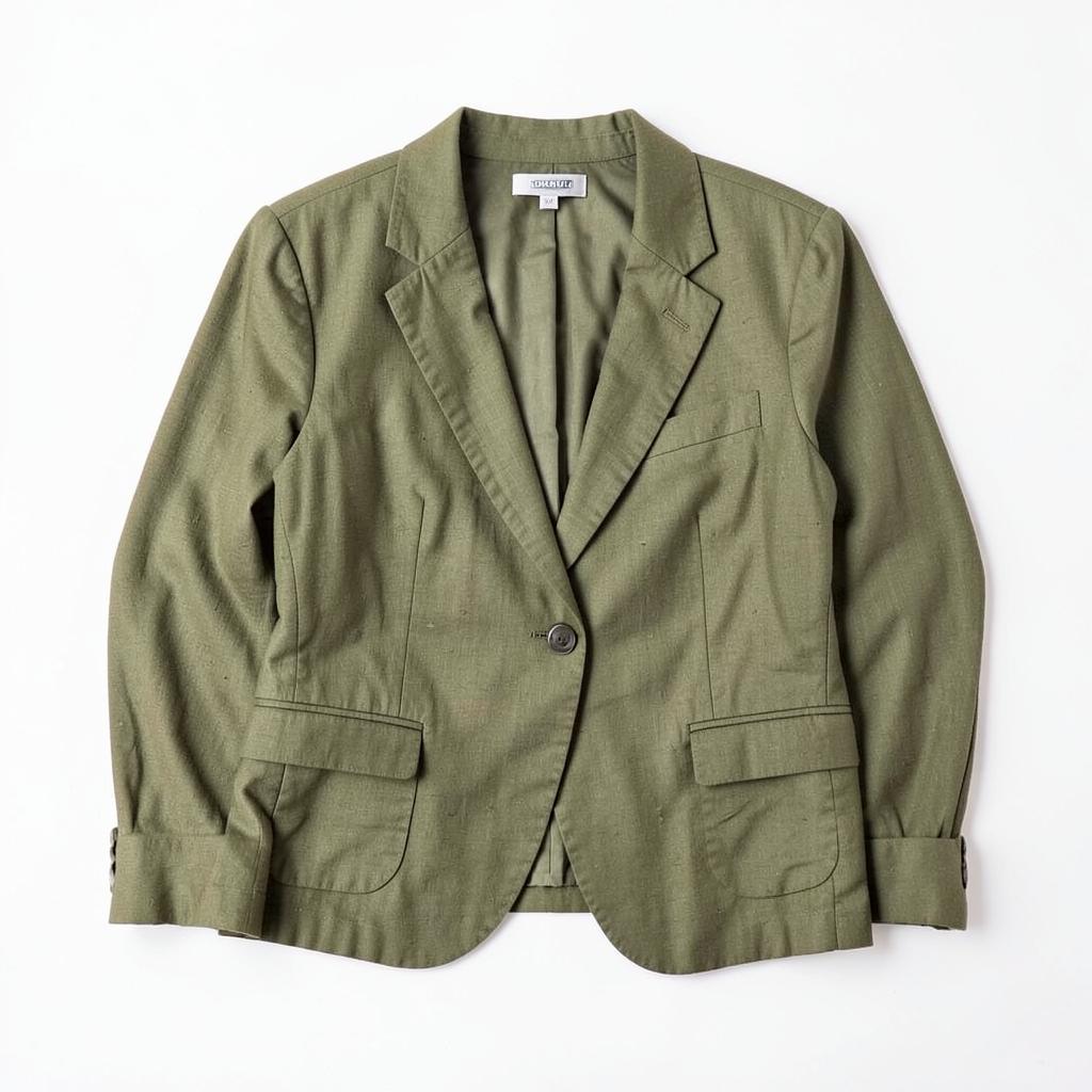Uploaded flat lay: an olive green linen blazer on a white background