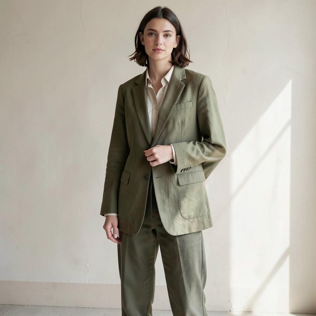Sample try-on — the same blazer worn on a model, linen creasing and lapels intact.
