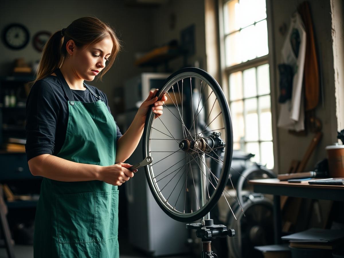Uploaded photo: a mechanic in a green apron truing a bicycle wheel on a workstand