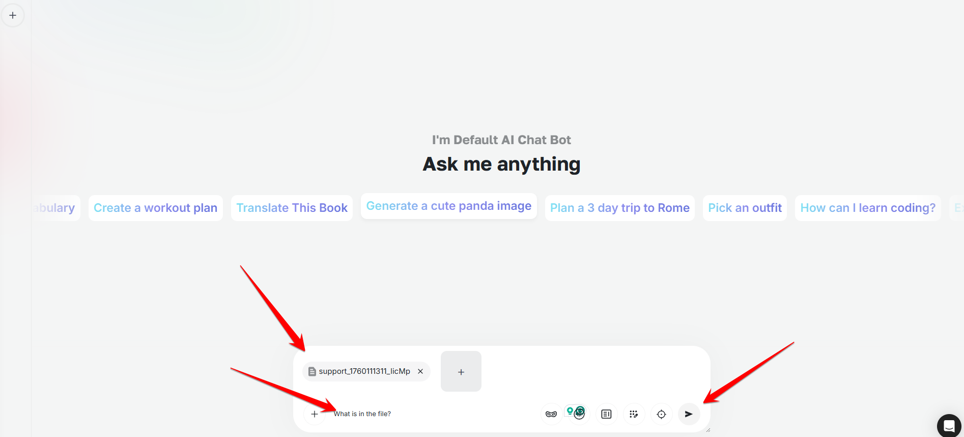 Chat input with an attached PDF, a document question and the send control