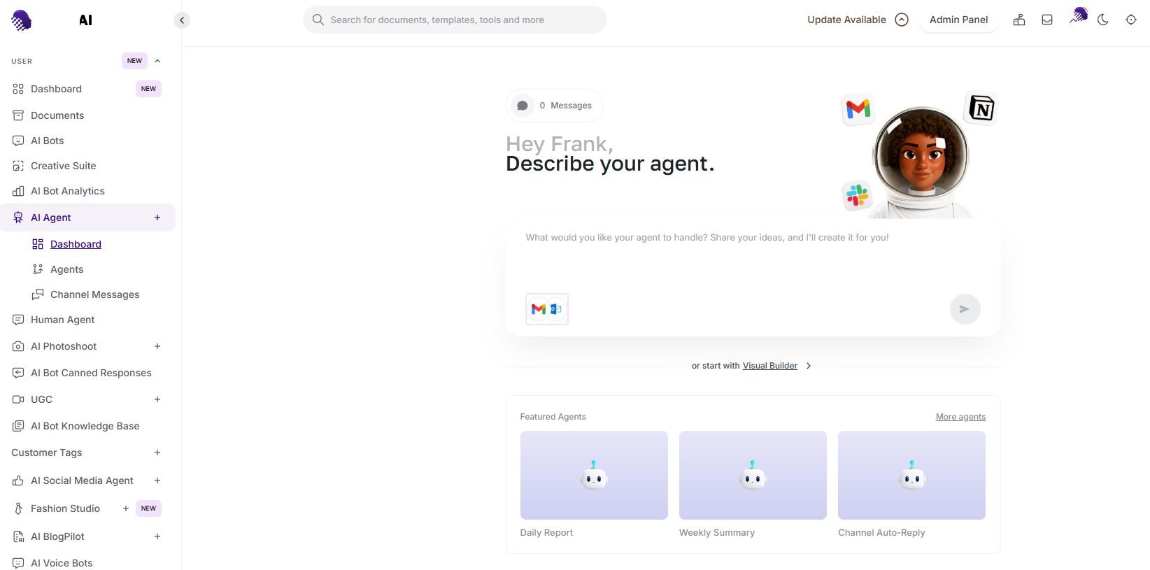 AmmarAI Agent Builder dashboard with a plain-language agent description field and featured workflows