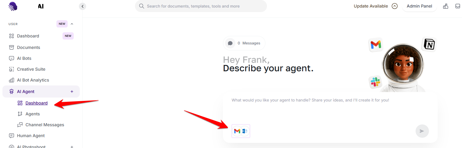 AmmarAI Agent Builder dashboard with the Manage Connectors action highlighted