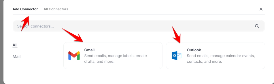 Agent connector picker showing email services and their available actions
