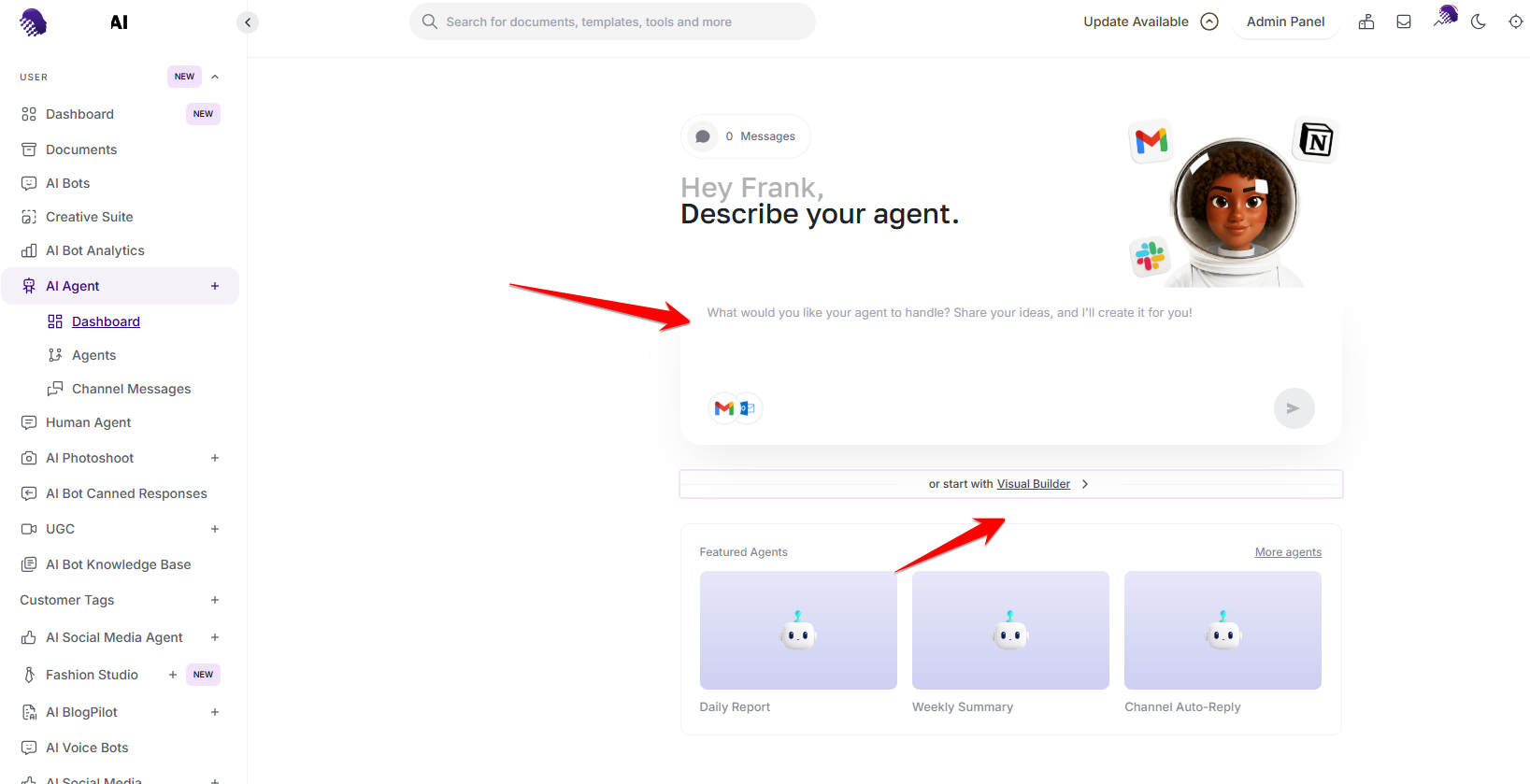 AmmarAI Agent Builder description box and workflow starting options