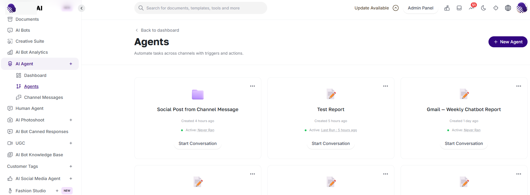 AmmarAI agents list with status, last-run information and agent options