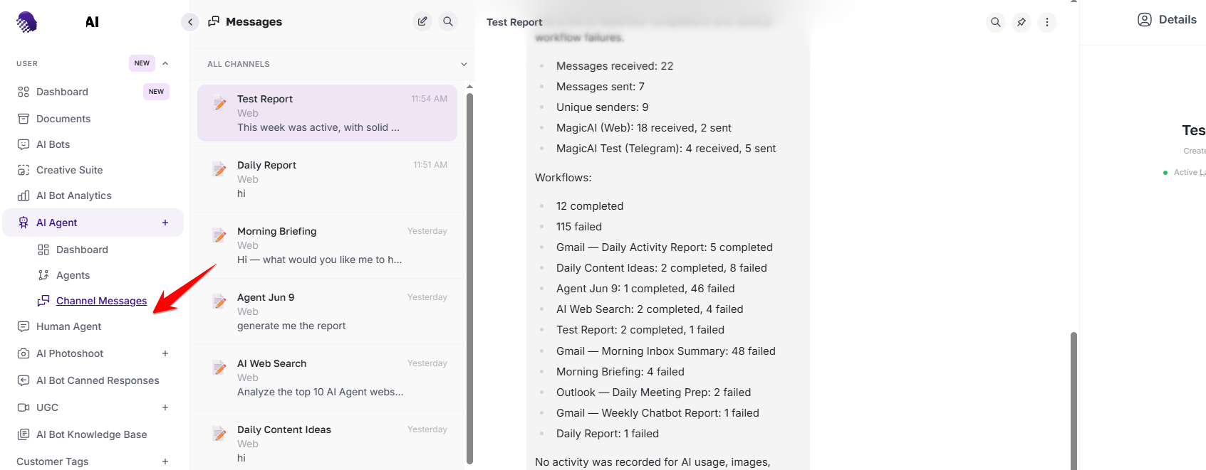 AmmarAI agent conversation with Details and Logs for a completed workflow