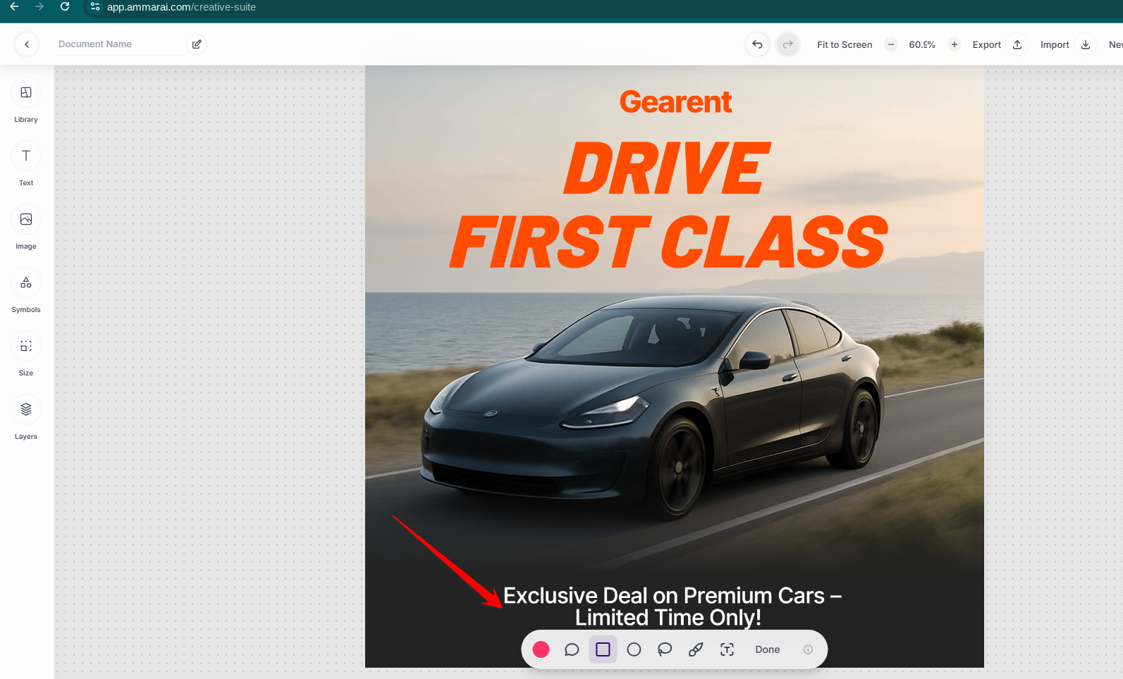 Annotation toolbar with colour picker, shape, brush, lasso and comment tools