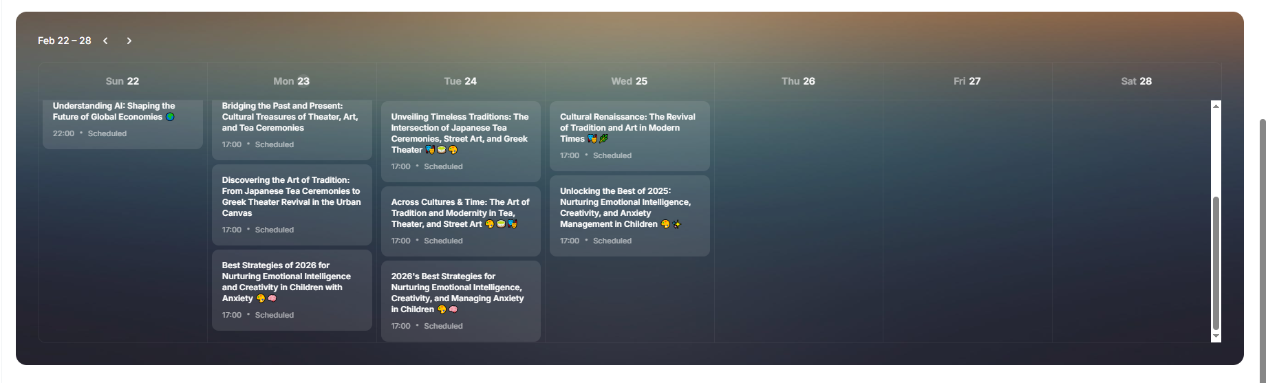 Blogger Agent calendar showing scheduled and published content
