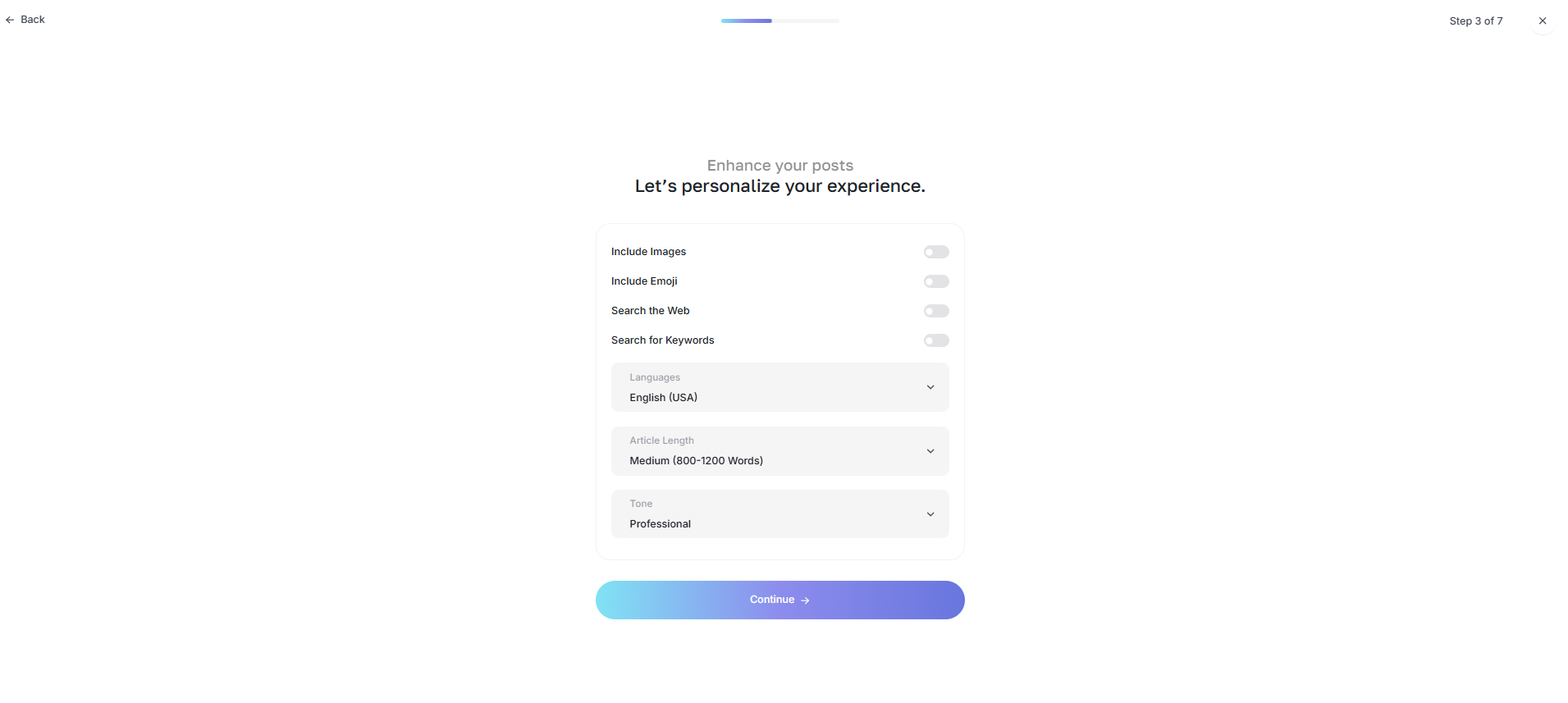 Blogger Agent setup with content preference fields