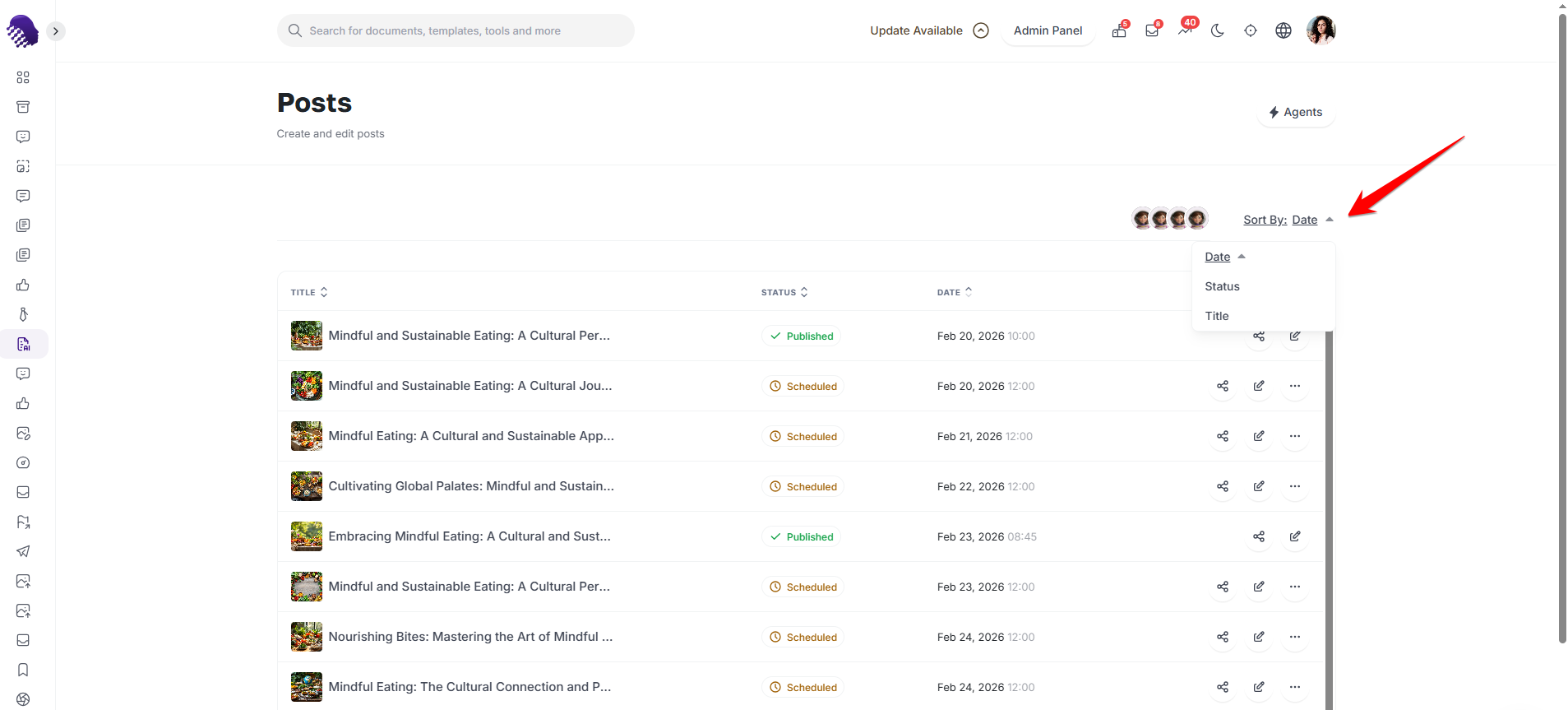 AmmarAI Blogger Agent post library with filters and status columns