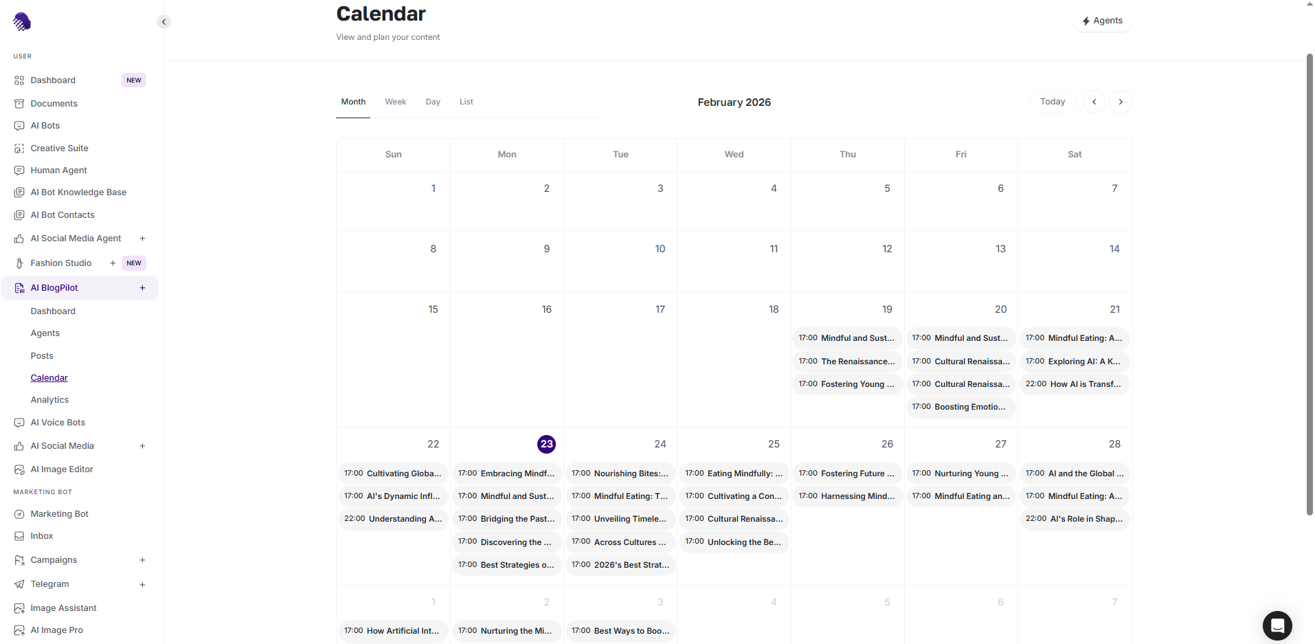 AmmarAI Blogger Agent monthly content calendar