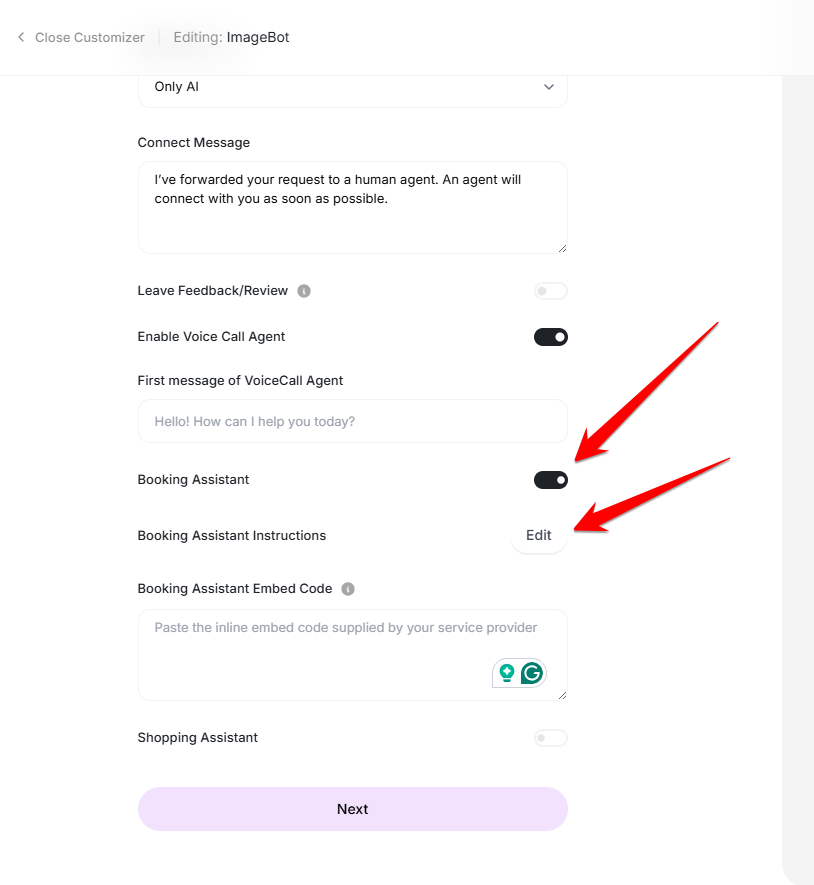 Chatbot configuration panel with the booking assistant switch turned on