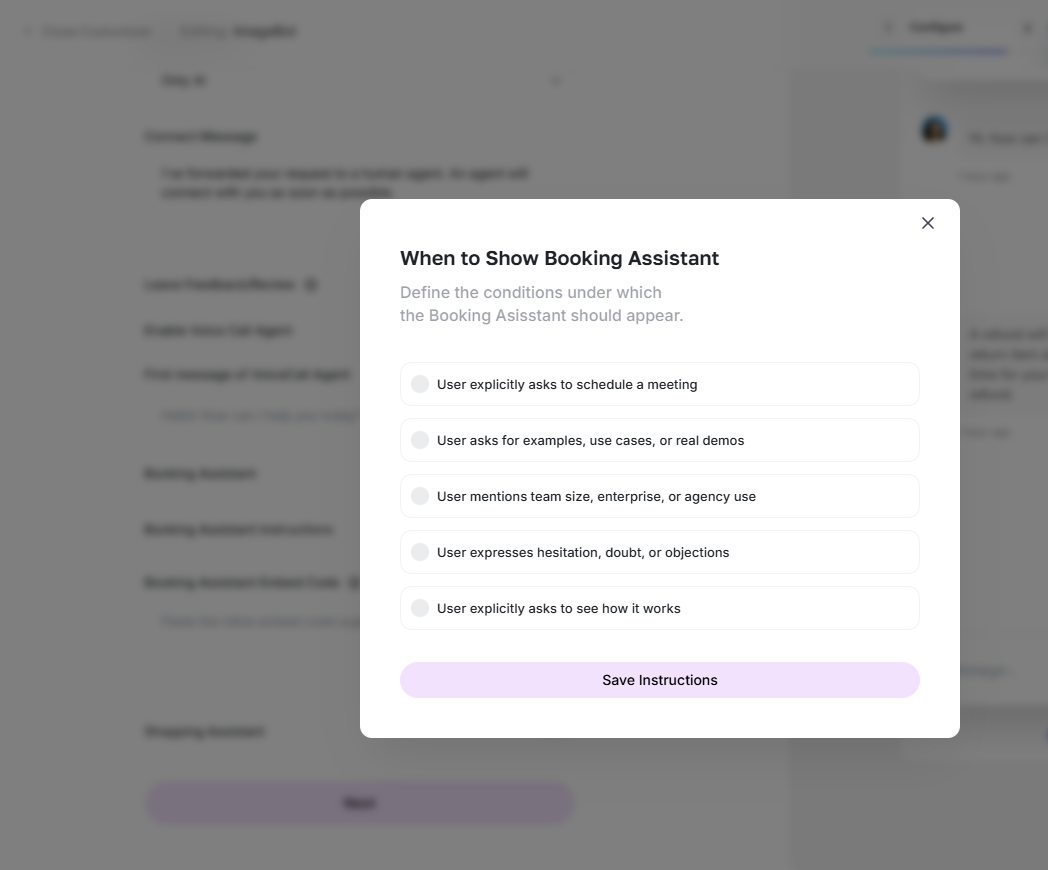 When to show booking assistant dialog with selectable conditions