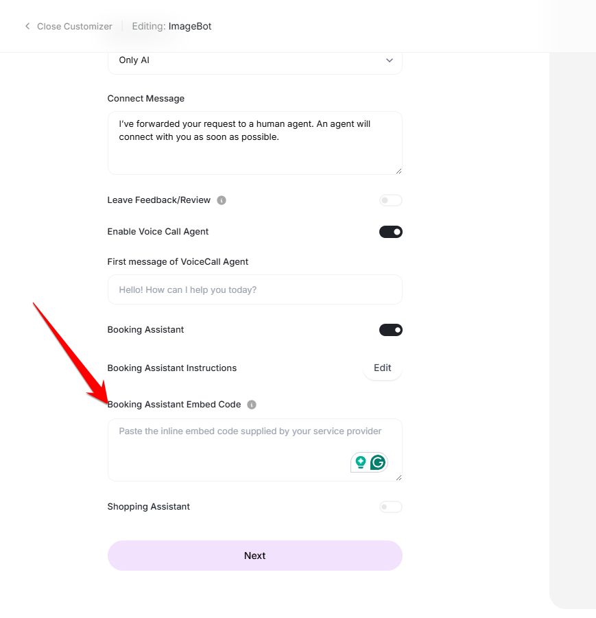 Booking assistant embed code field in the chatbot configuration