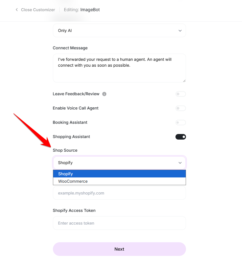 Shop source dropdown in the chatbot configuration