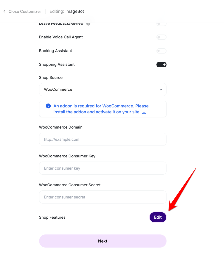 Shop features edit button in the chatbot configuration