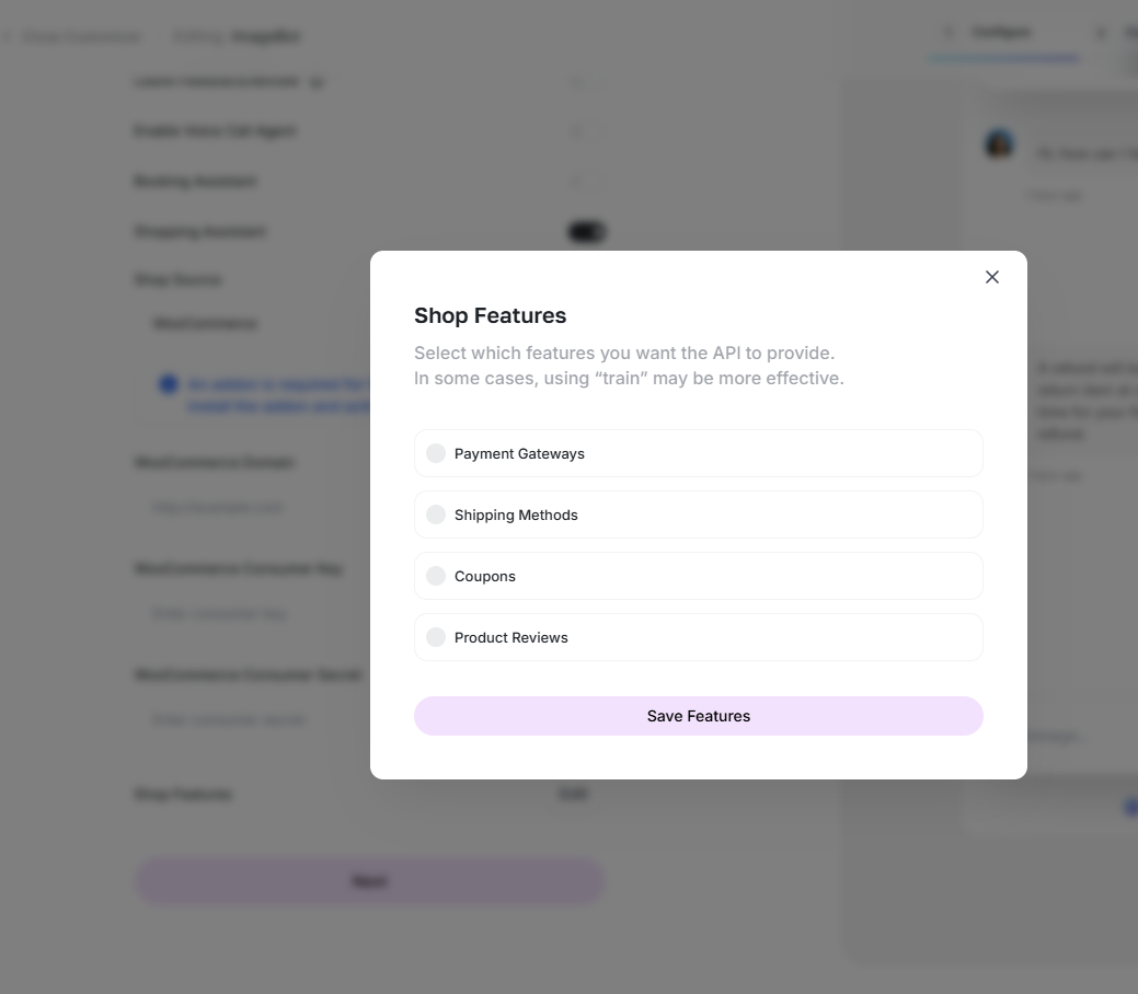Shop features dialog with payment, shipping, coupon and review options