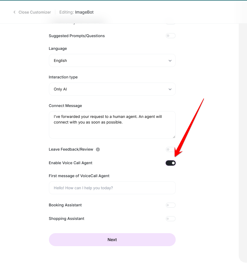 Chatbot configuration with the voice call agent switch turned on