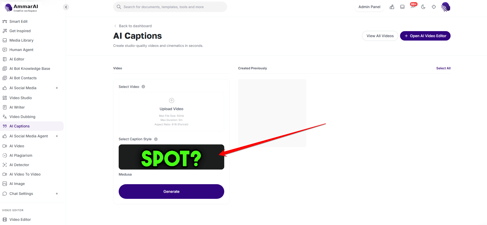 AI Captions workspace with an animated caption style selected beneath the video uploader