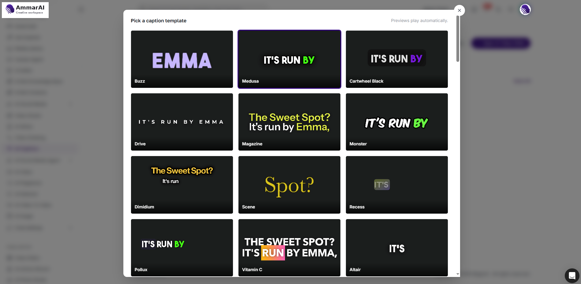 AI Captions template picker with animated caption designs and the selected style outlined