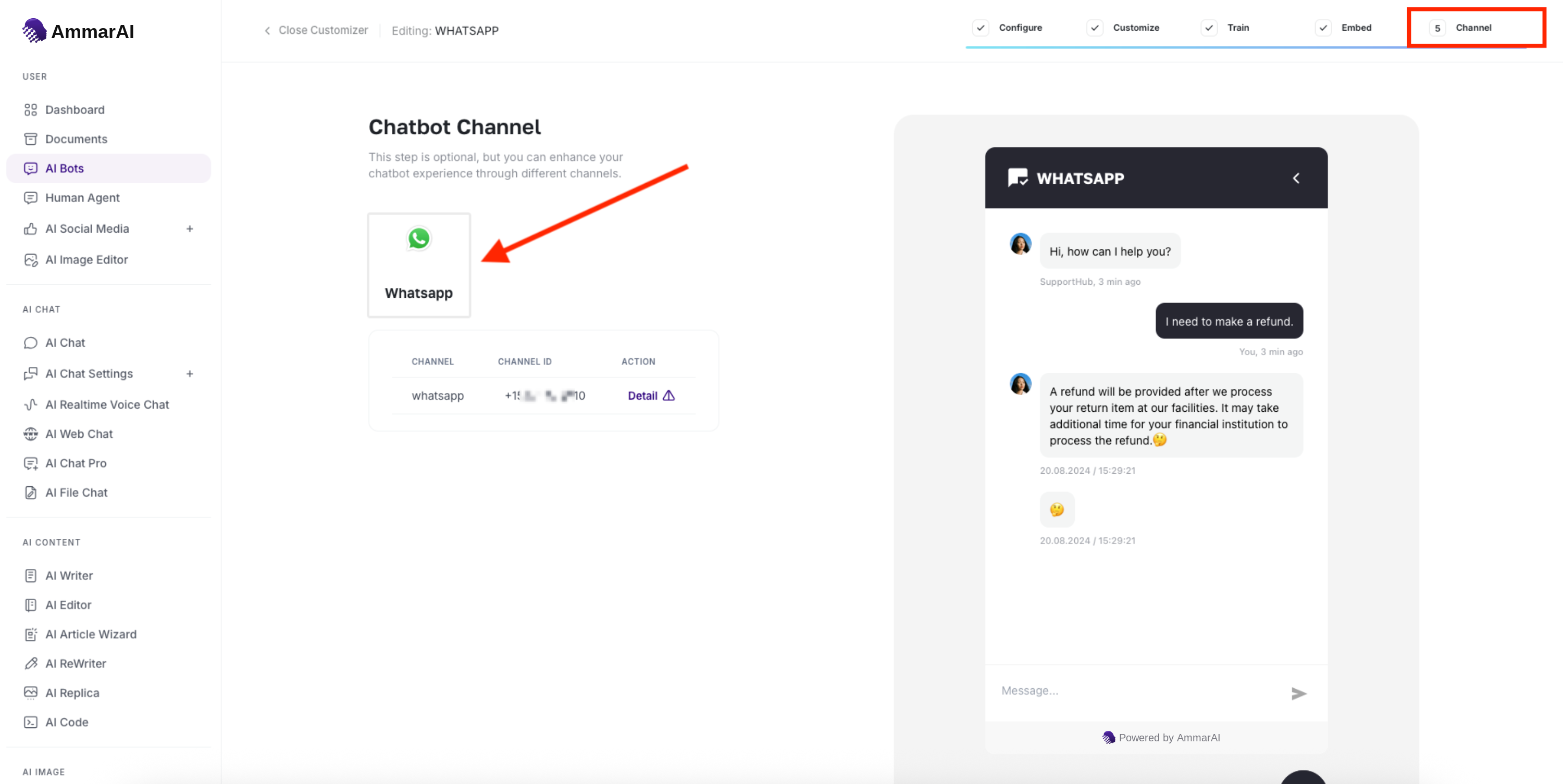 Chatbot builder on the Channel step, with the Channel tab highlighted in red and a connected WhatsApp channel listed below the channel tile
