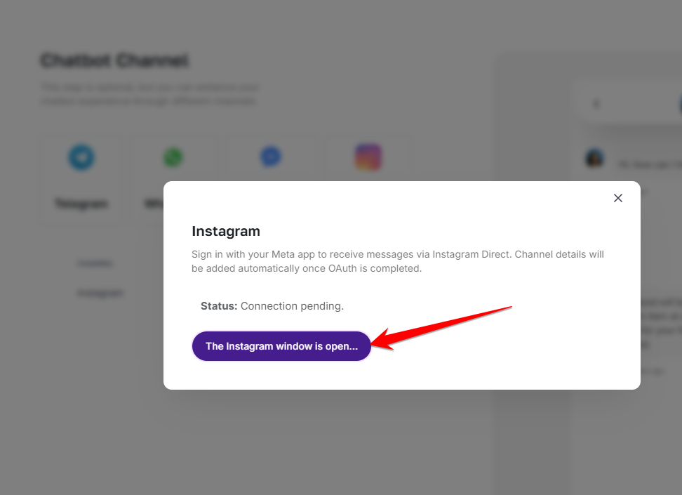 Channel tiles for Telegram, WhatsApp, Messenger and Instagram with a connection dialog open and a red arrow pointing at the sign-in button