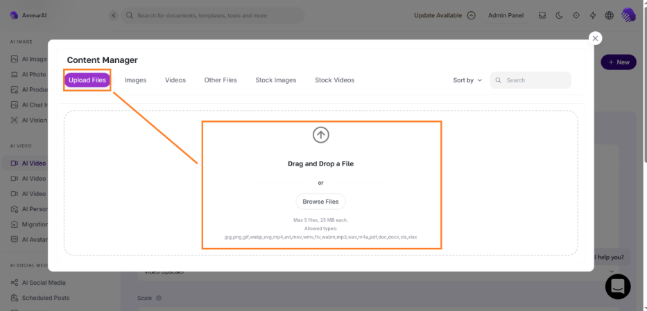 AmmarAI Content Manager open on the Upload Files tab with a drag-and-drop area