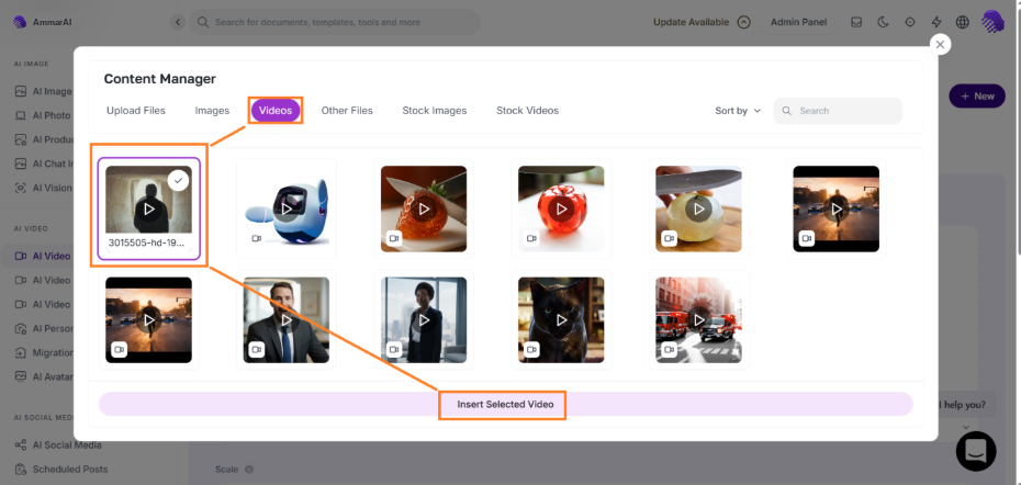Videos tab of the Content Manager with a selected clip and the Insert Selected Video button