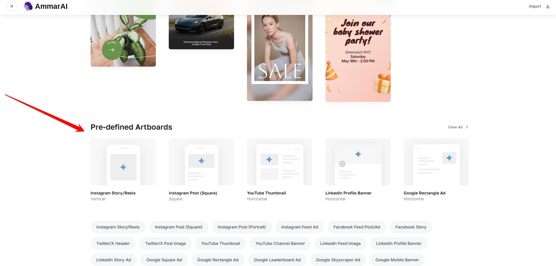 AmmarAI Creative Suite artboard size options
