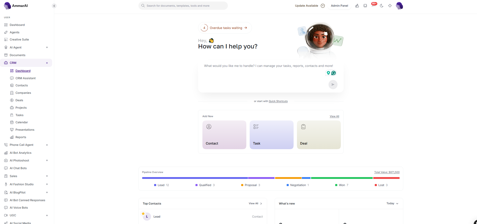 AmmarAI AI CRM overview with customer workspace shortcuts and pipeline activity