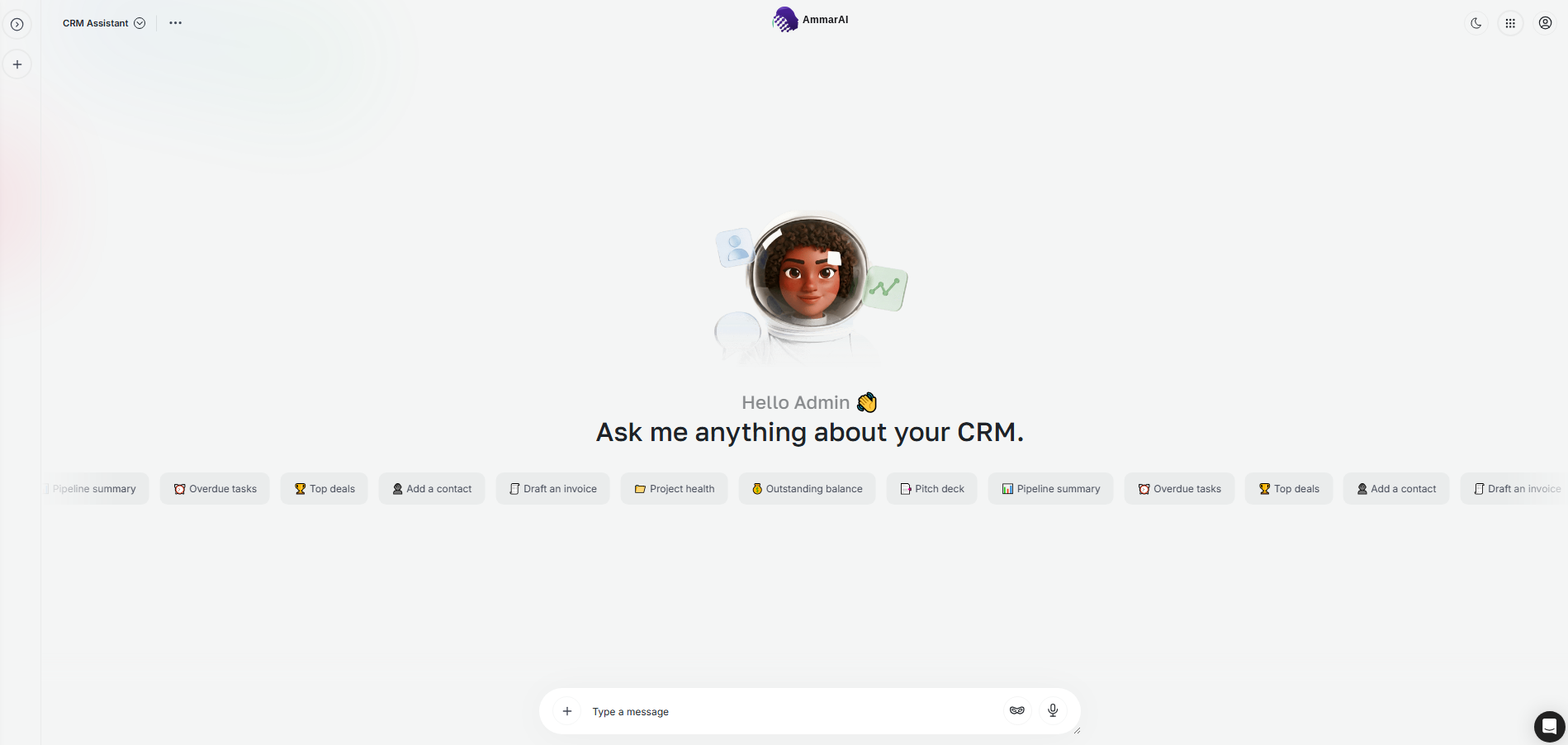 AmmarAI CRM Assistant with suggested questions and a message field