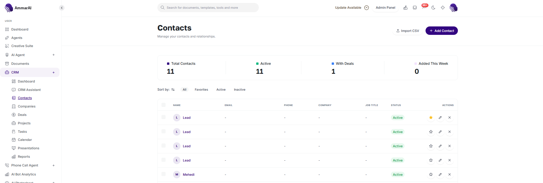 AmmarAI AI CRM contacts table with contact records and status controls