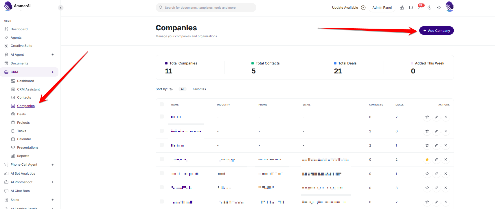 AmmarAI AI CRM companies table and Add Company action