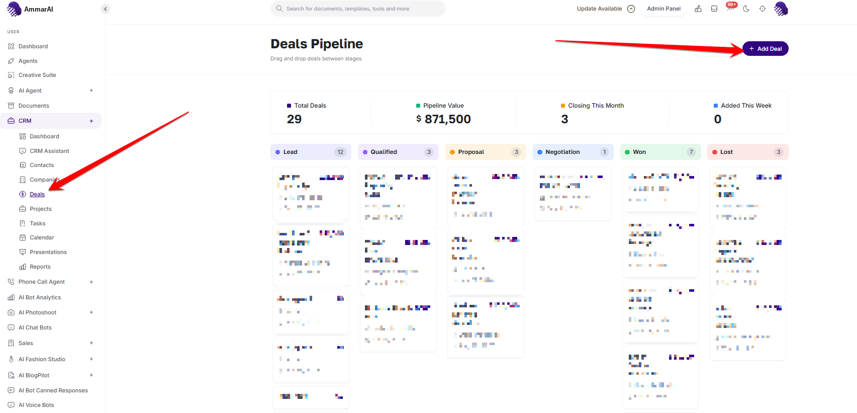 AmmarAI AI CRM deals pipeline with opportunity cards grouped by stage