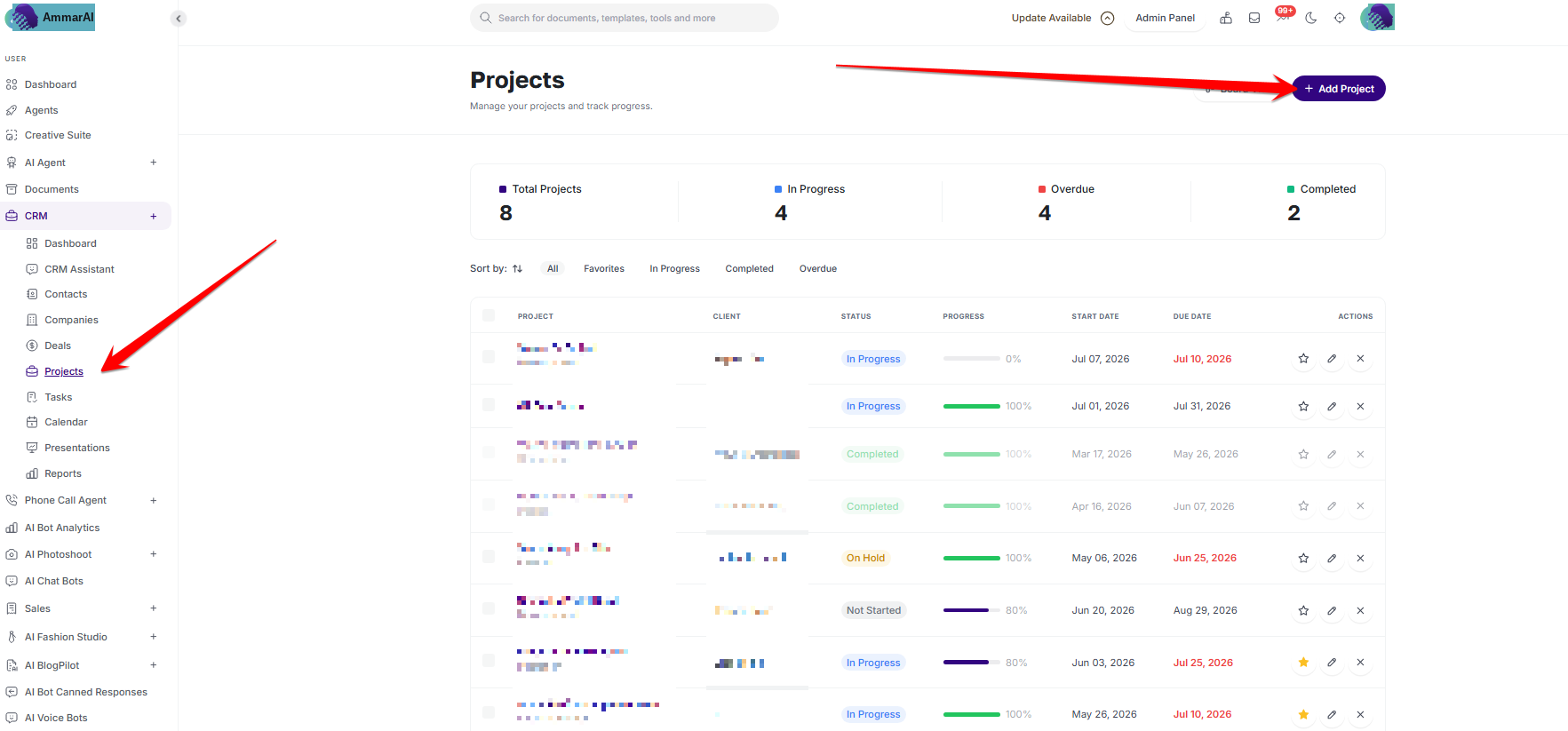 AmmarAI AI CRM projects table with owners, dates, priorities and statuses
