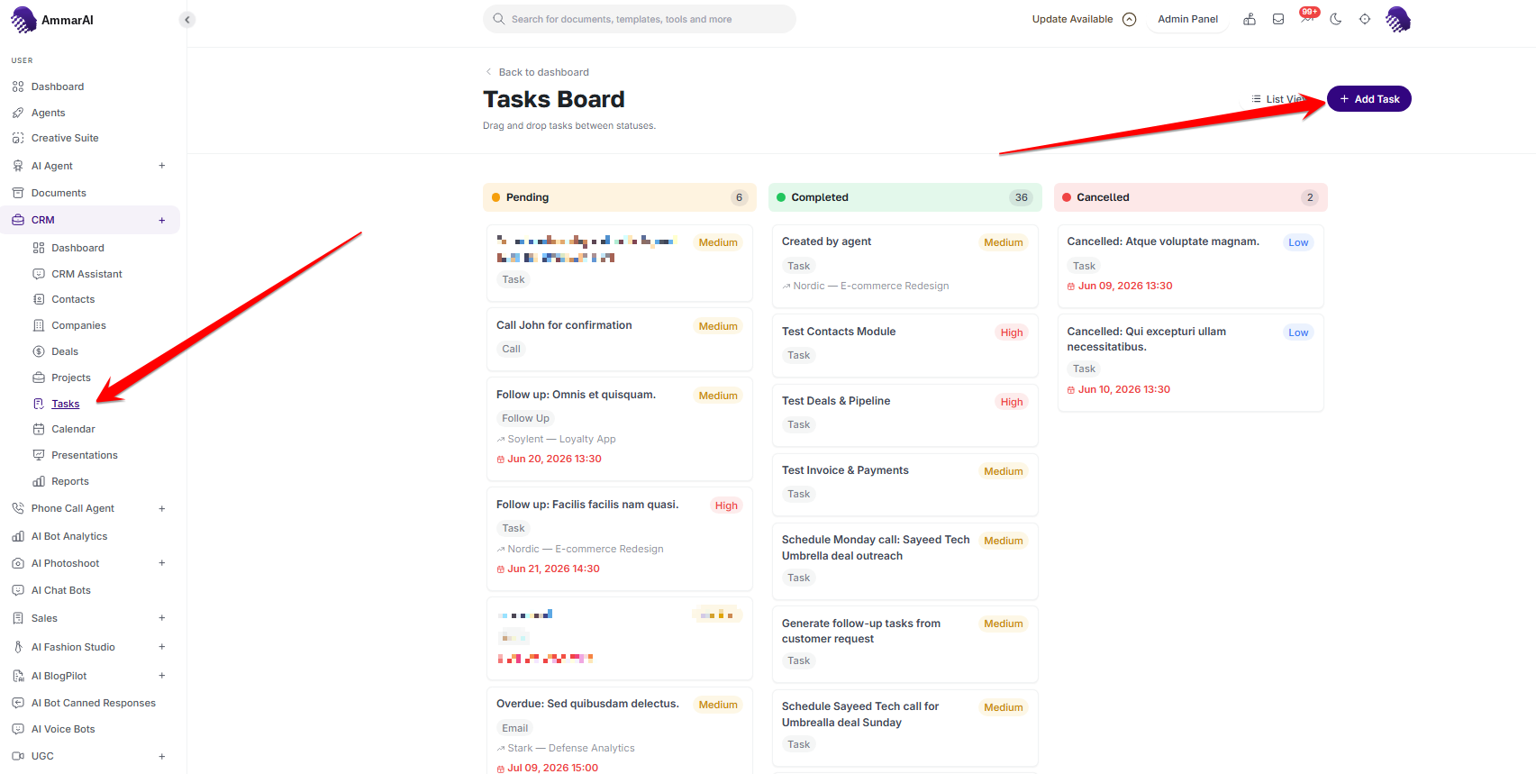 AmmarAI AI CRM task board with pending, in-progress and completed columns
