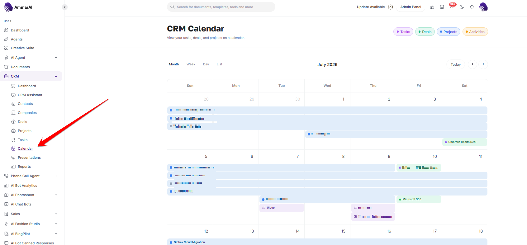 AmmarAI CRM calendar showing scheduled customer and project activity