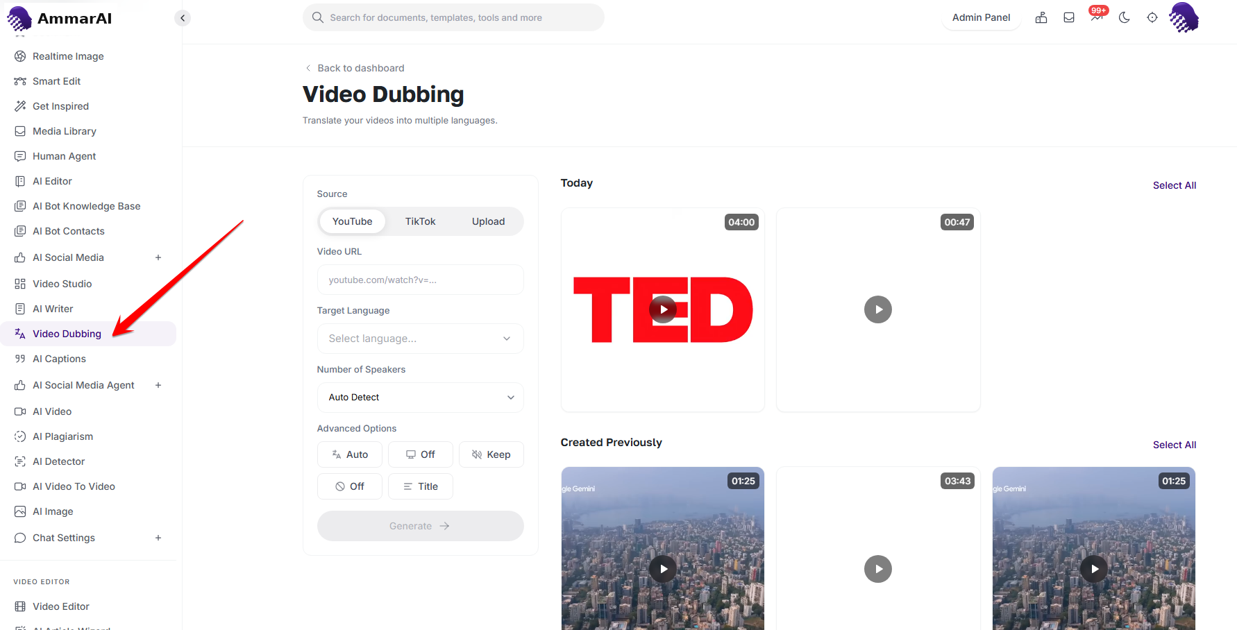 AmmarAI AI Dubbing page with the configuration panel and previously dubbed videos