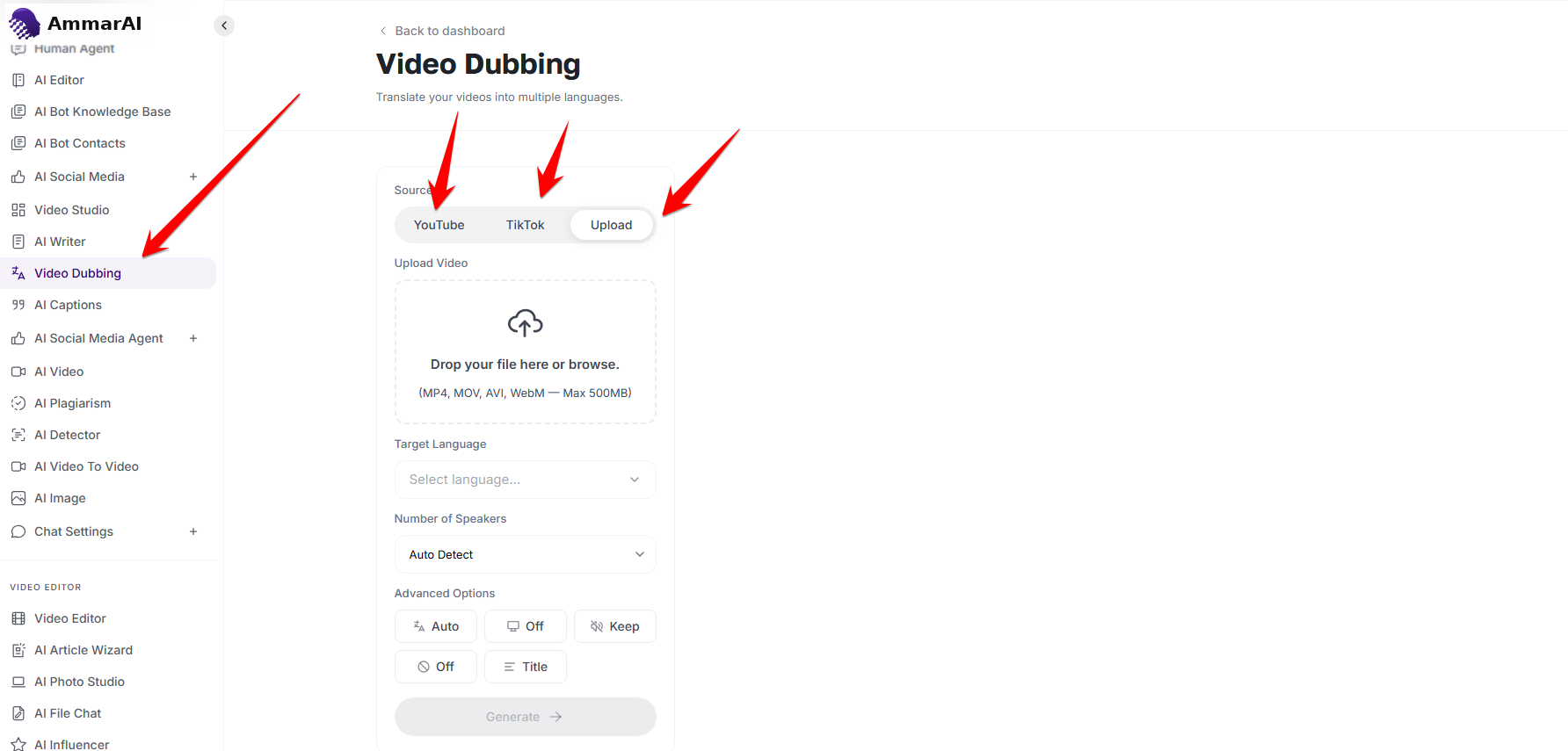 AI Dubbing source tabs for YouTube, TikTok and direct upload