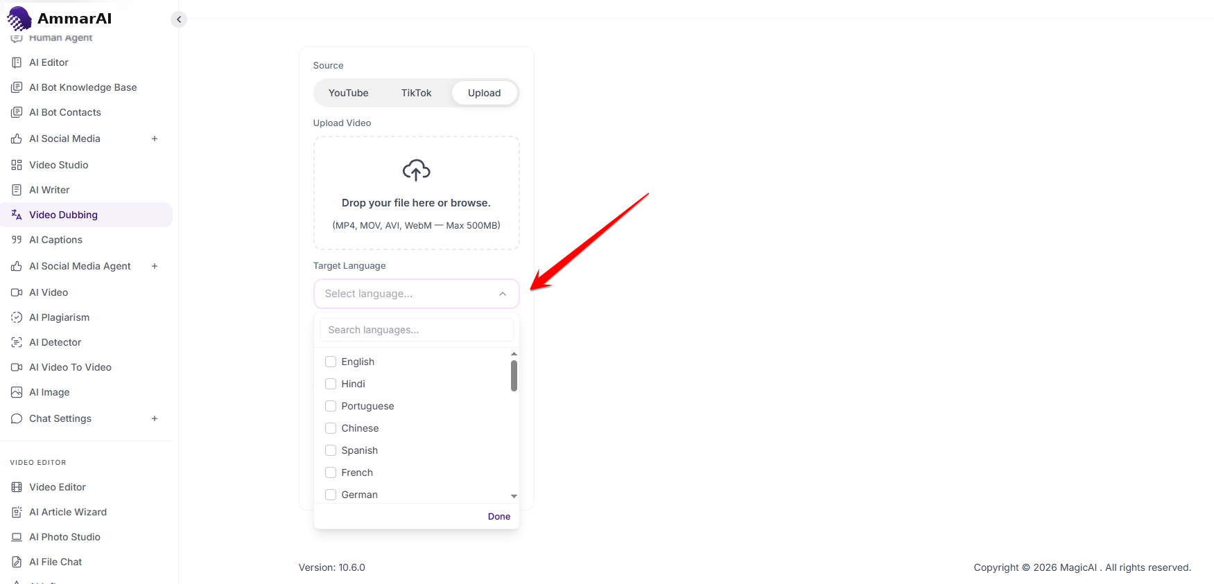 AI Dubbing target language dropdown