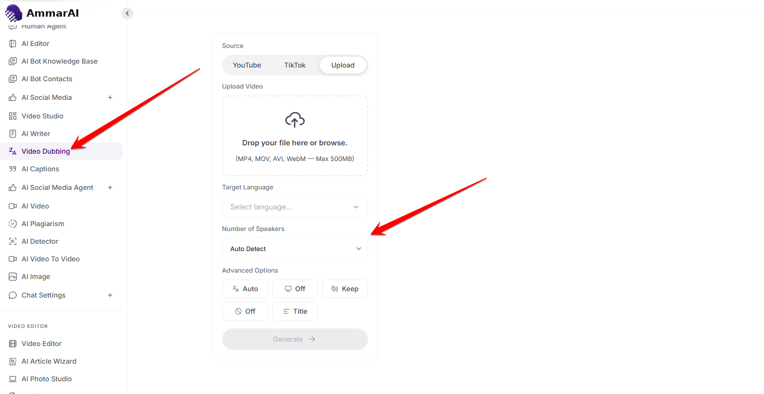 AI Dubbing number of speakers field with auto detect and manual values