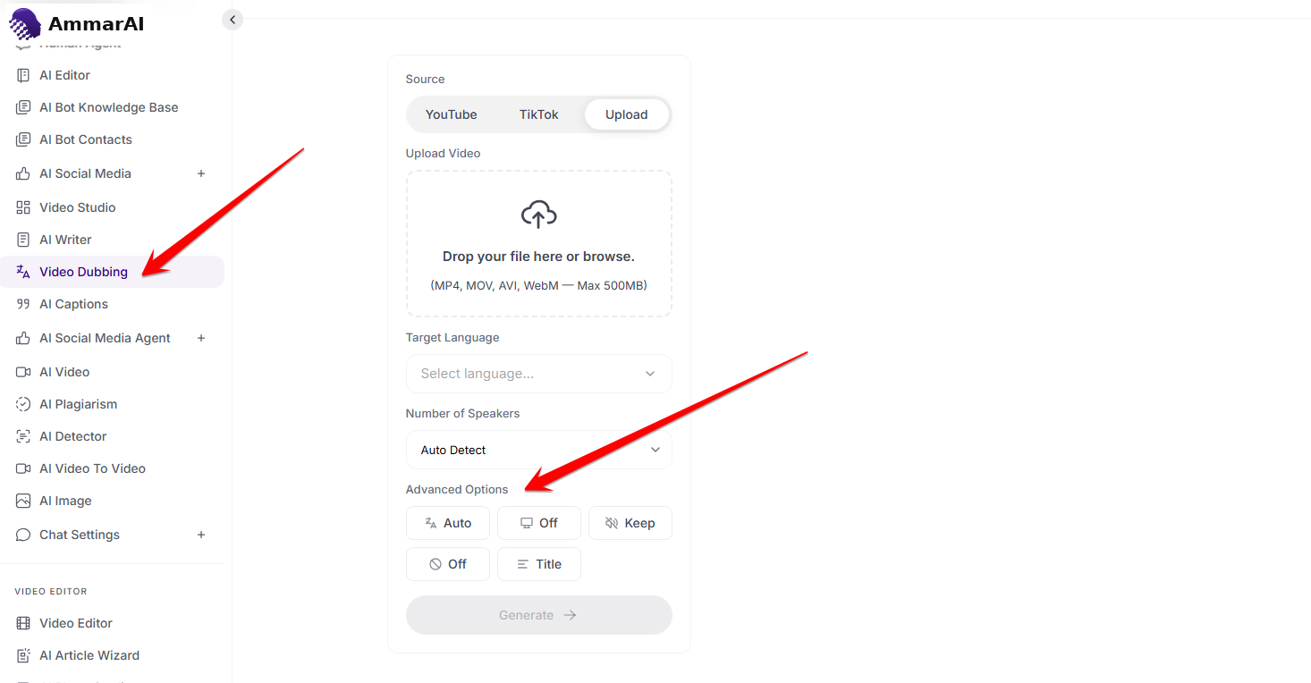 AI Dubbing advanced options panel