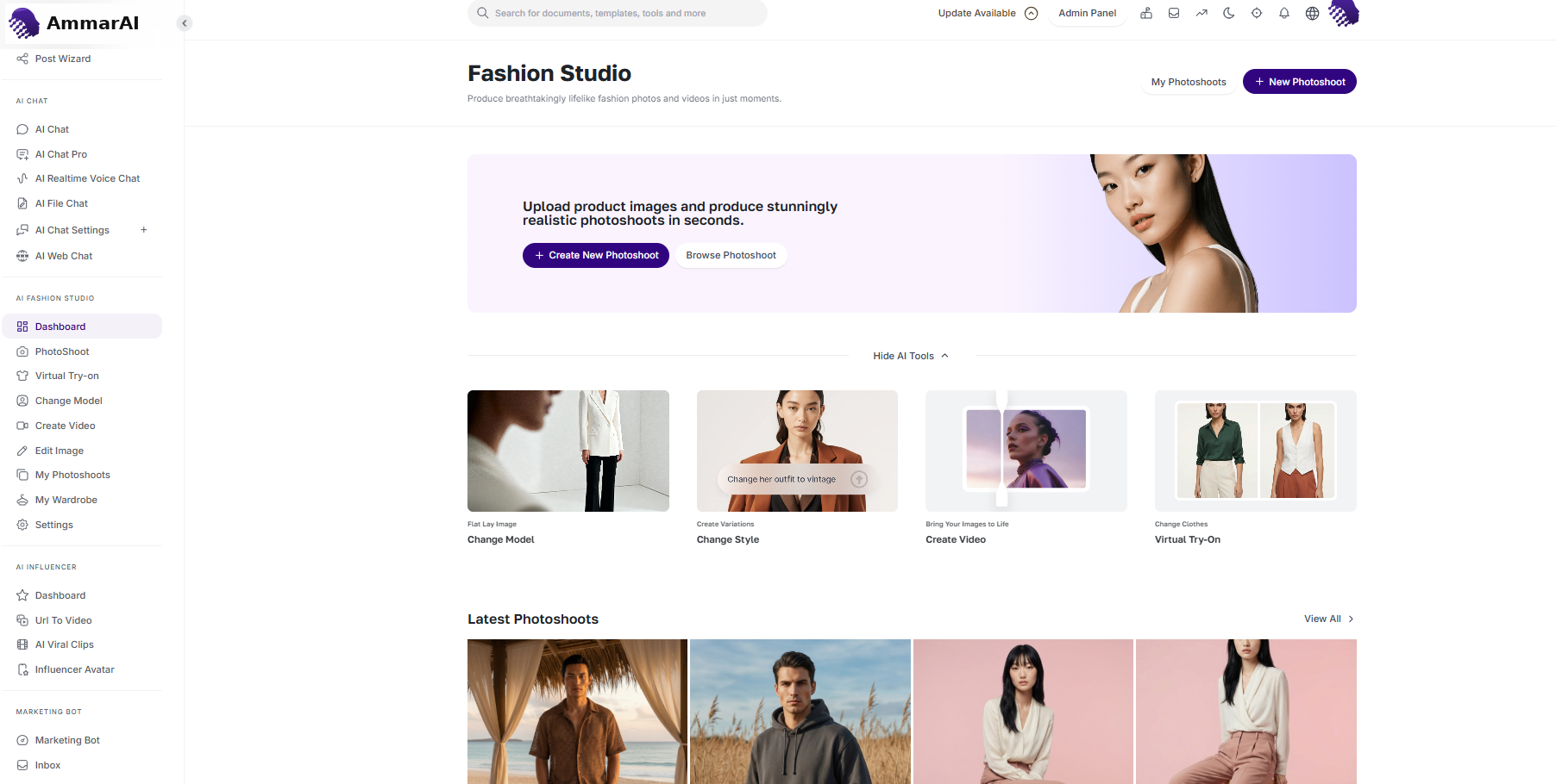 AmmarAI Fashion Studio dashboard showing the core creative tools