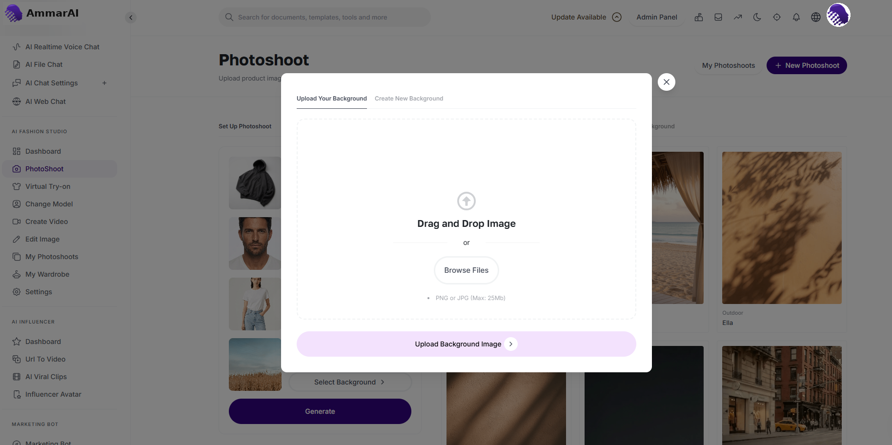 Photoshoot background step left blank for an AI-generated environment