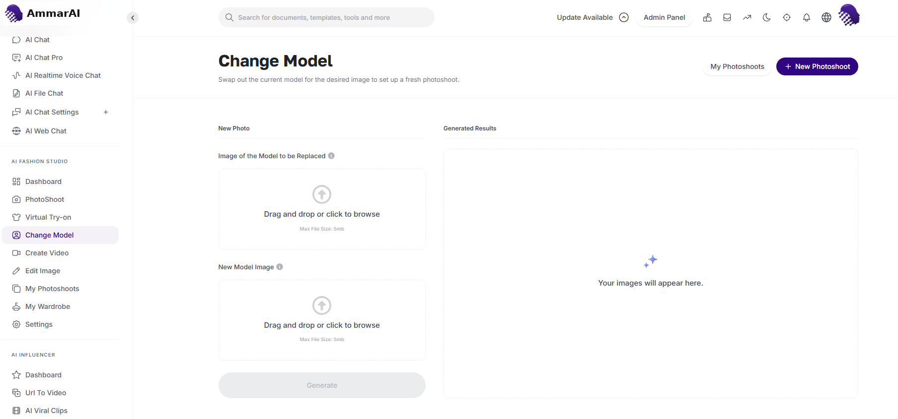 Change Model screen with source image, replacement model image and the Change Model action